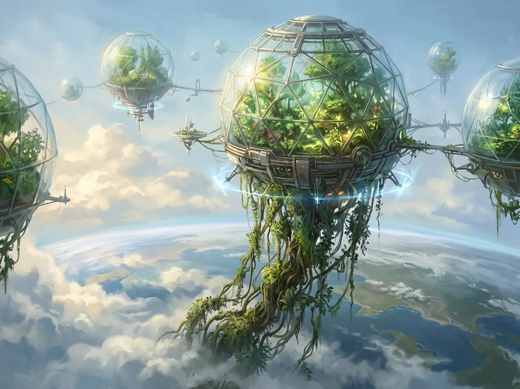 Floating glass terrariums in the stratosphere
